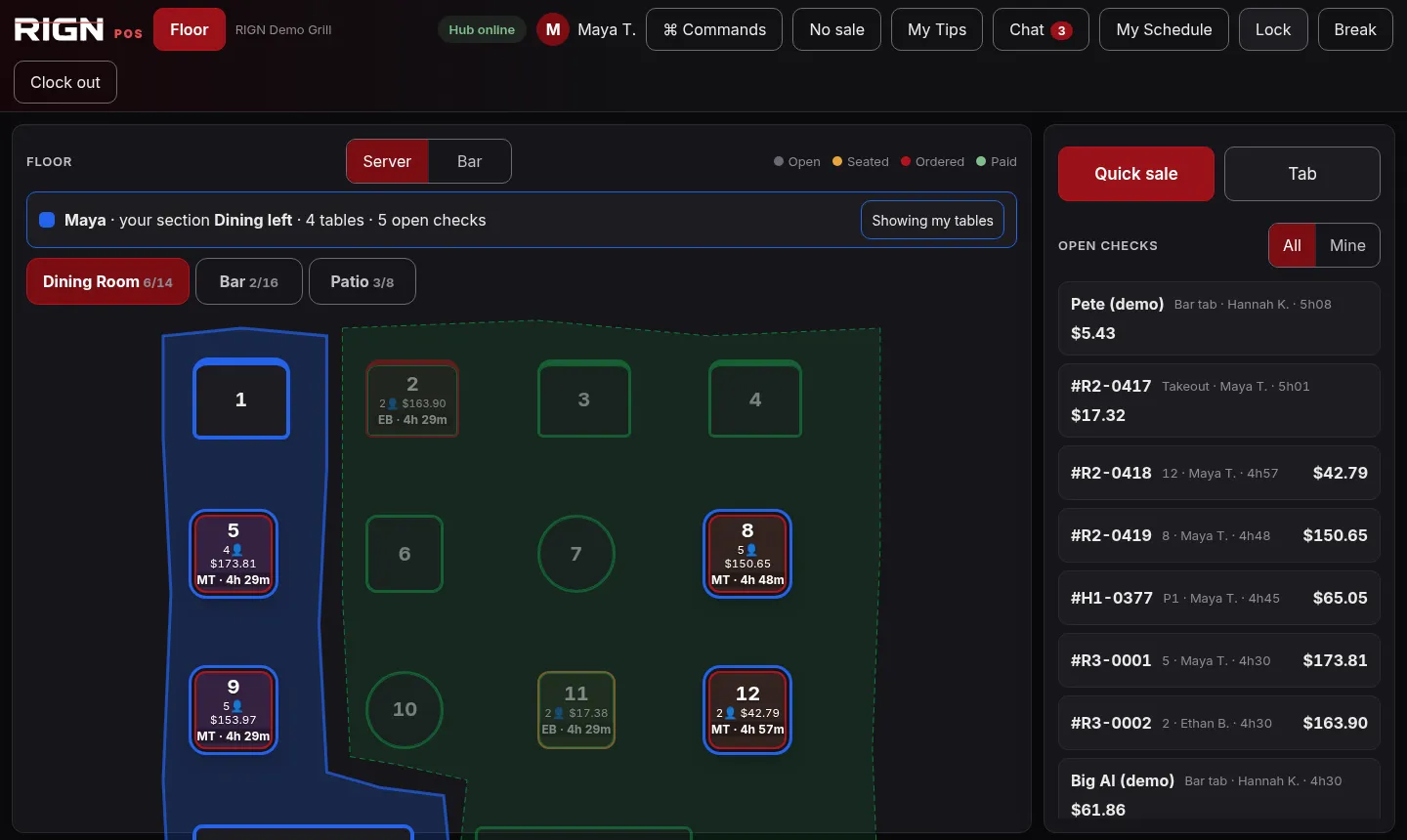 The RIGN register floor in the demo, dark theme: server sections shaded, active tables highlighted, open checks list