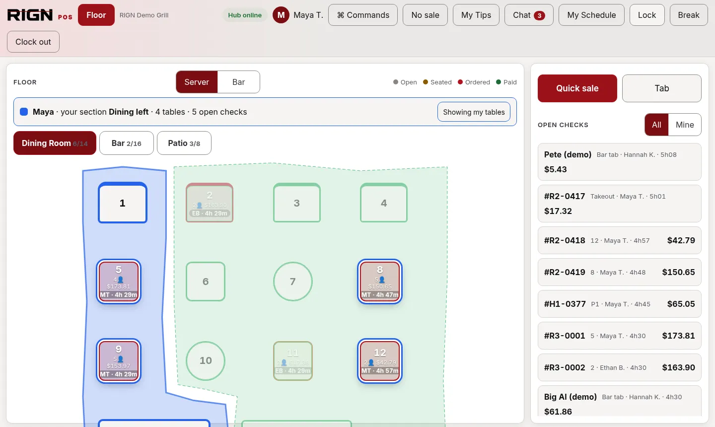 The RIGN register floor in the demo: Maya's section shaded on the dining room plan, her active tables highlighted with guests, totals and time seated, and the open checks list